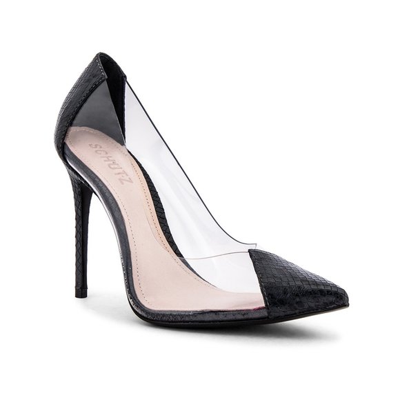 SCHUTZ Shoes - NWT Schutz Cendi High Heel Pumps Dark Grey Snake Embossed Leather Clear PVC 6